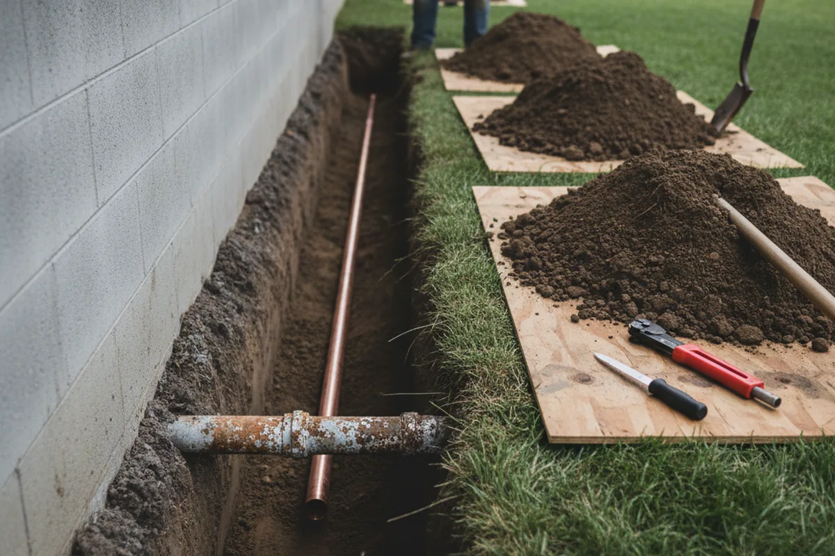 Excavated water line trench during Water Softener Installation in Wittmann